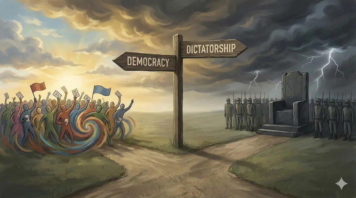 Bivio concettuale tra Democrazia e Dittatura.