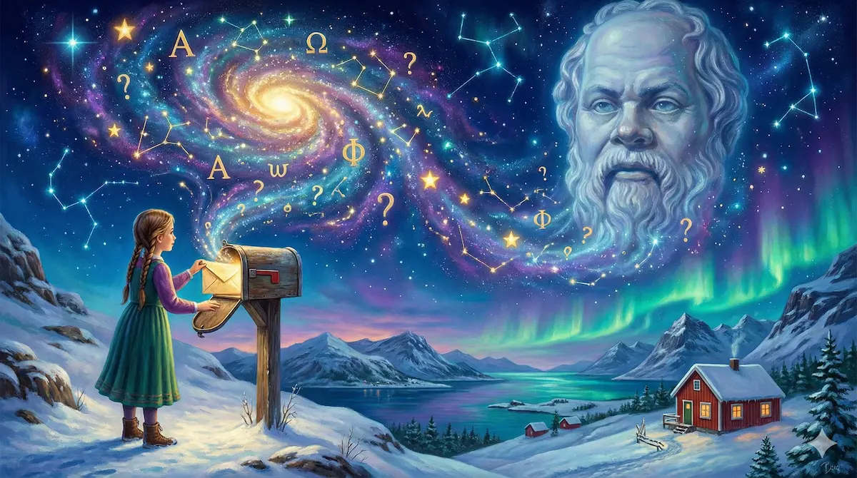 Rappresentazione artistica de Il mondo di Sofia: una ragazza apre una lettera da cui esce l'universo della filosofia.