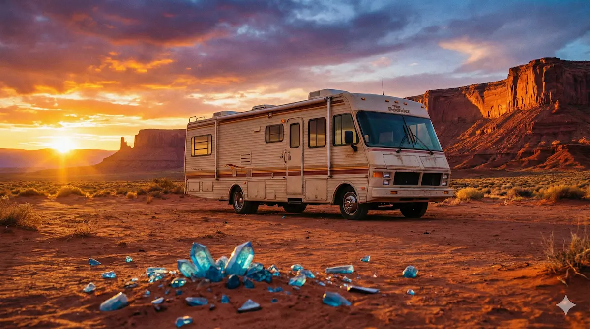 Alt Text: Il deserto del New Mexico e i cristalli blu, simboli di Breaking Bad e Walter White