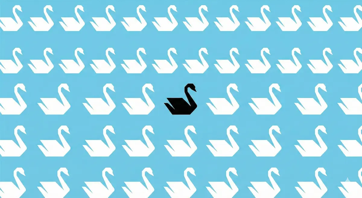 Illustrazione concettuale minimalista: una lunga fila di cigni bianchi identici e, al centro, un unico cigno nero che rompe lo schema, simbolo di Popper.