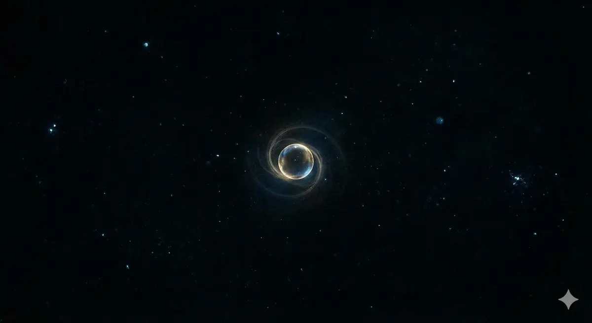 Illustrazione cosmica e malinconica: un piccolo pianeta isolato e luminoso perso nell'immensità nera e fredda dell'universo, a simboleggiare la solitudine della conoscenza umana. Immagine rappresenta Nietzsche.