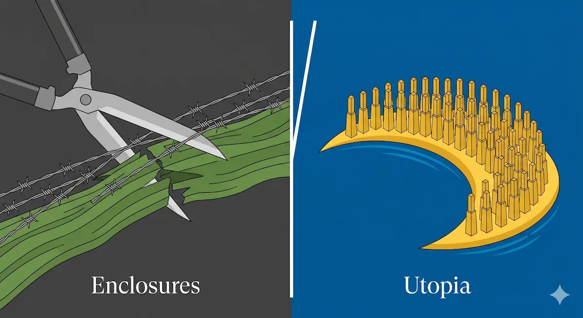 Un'infografica minimale in 2D che divide la scena a metà: a sinistra le cesoie e il filo spinato simboleggiano le recinzioni delle terre comuni nell'Inghilterra del Cinquecento, a destra la geometria dorata dell'isola di Utopia rappresenta il modello ideale di Thomas Moore.